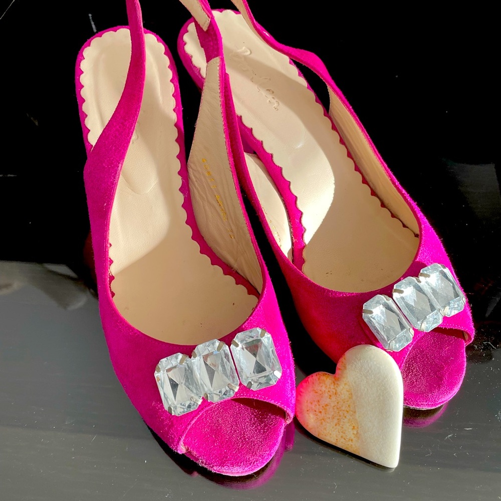 Boden hot pink suede sling back heels with jewels sz 38